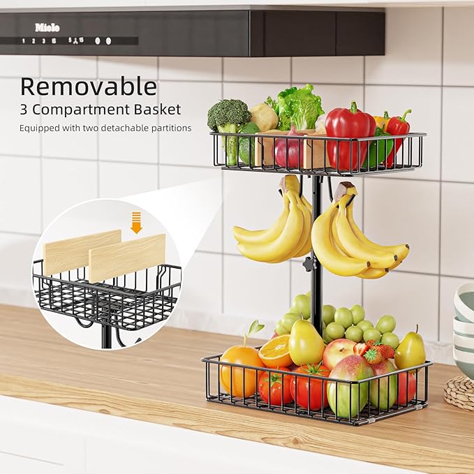4-Level Adjustable Height Fruit Basket for Kitchen Countertop, 2-Tier Fruit Bowl with Removable Banana Hooks, Kitchen Organizer for Banana, Vegetable, and Snack Storage
