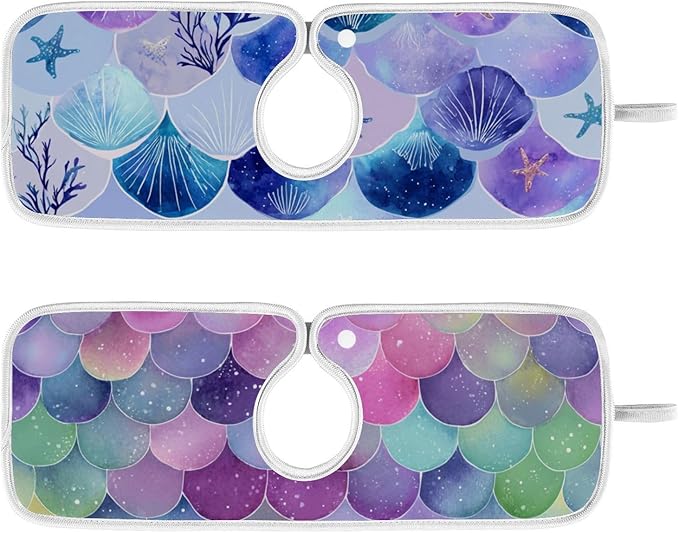 2 PCS Kitchen Sink Splash Guard 14.9 Inch Faucet Mat for Kitchen Sink Bathroom Sink Faucet Absorbing Drip Drain Mat Pad Microfiber Soft Washable Watercolor Mermaid Scales Starfish