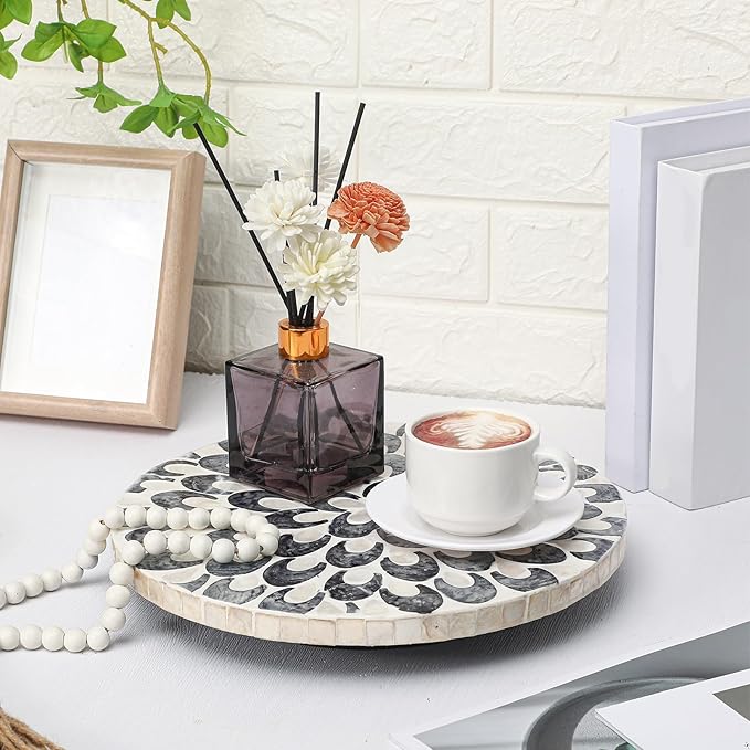 Mother of Pearl Lazy Susan for Table Turntable Organizer Wood Round Spinning Tray Rotating for Kitchen Cabinet Counter Spice Pantry 12 Inch(Floral Pattern)