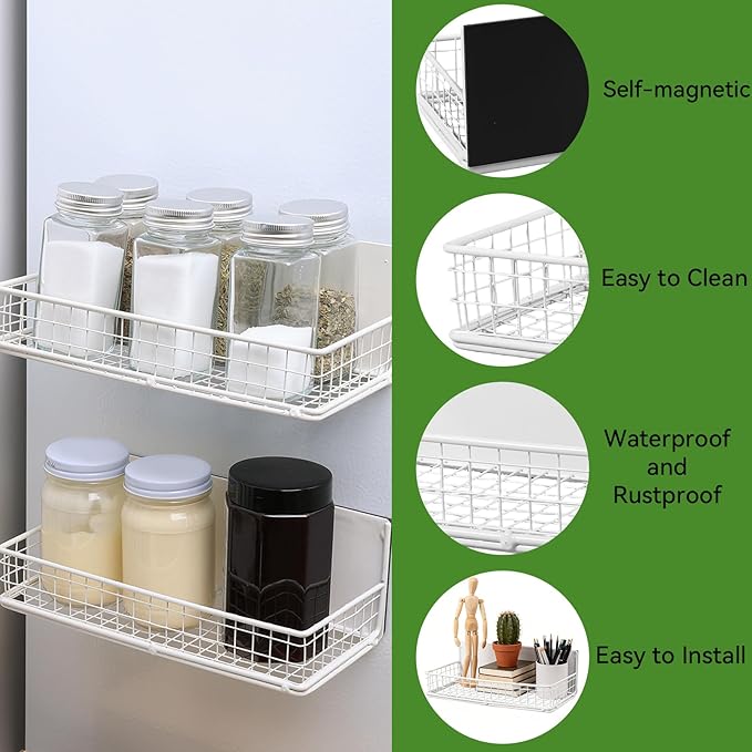 ONESIXEC 2 Pack Magnetic Basket for Fridge, Magnetic Spice Rack for Side of Refrigerator, Small Magnet Wire Bin Basket Fridge Shelf Organizer Kitchen Classroom Whiteboard Pantry Office Storage, White