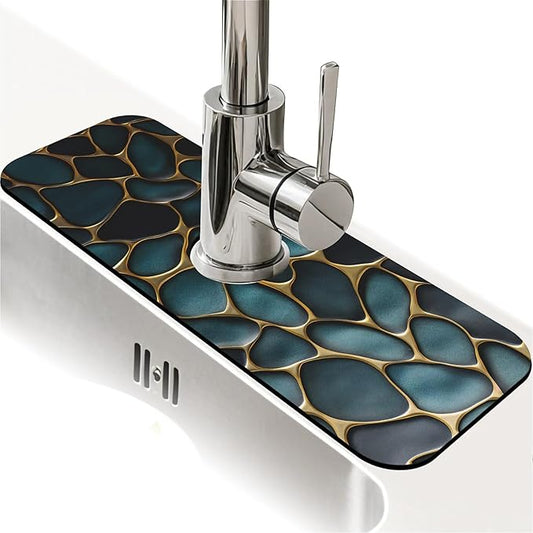 Kitchen Sink Splash Guard，Blue and gold stones Faucet Mat Sink Gadgets-Super Absorbent Fast Drying Mat Drip Catcher for Kitchen, Bathroom,Sink Mat, Dish Drying Mat, Bathroom(15" X 5.5" )