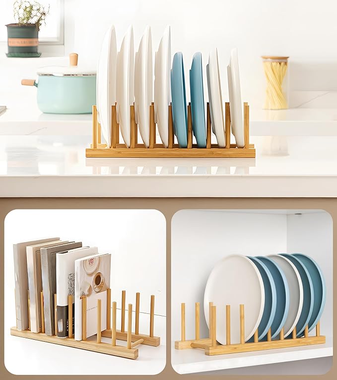 Bamboo Dish Drying Rack, 2-Pack Plate Organizer for Kitchen Cabinet, Vertical Plate Holders with 8 Compartments