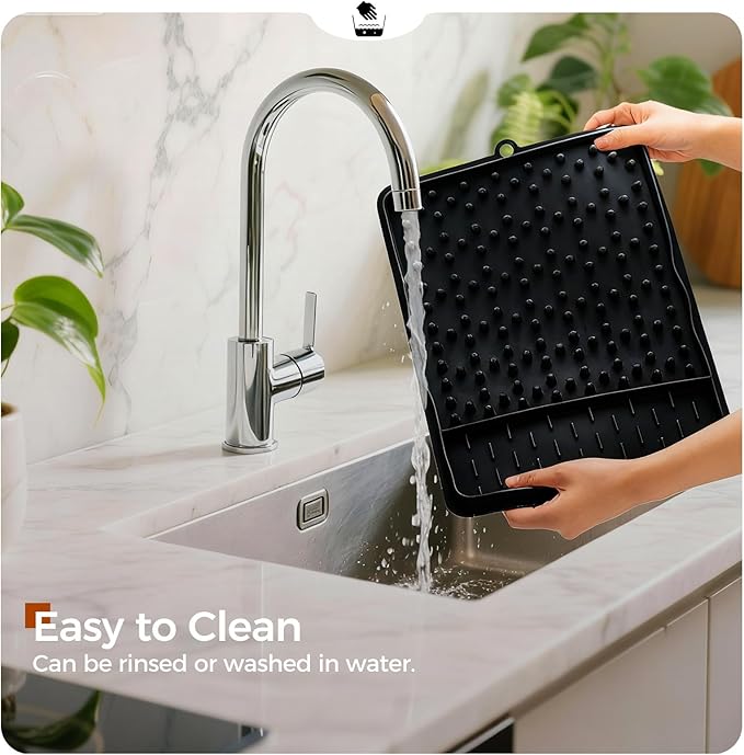 15.75"x11.18" Silicone Dish Drying Mat for Kitchen Counter, Quick Dry Dish Mat with Dish Rack and Dual-Sided Independent Zones, Multiple Usage Kitchen Mat with Hanging Hook for Home (Black)