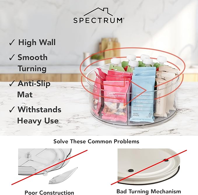 Spectrum Divided Turntable Organizer 11 in Charcoal Gray Lazy Susan Storage Organizer, 3 Divider Rotating Lazy Susan for Cabinet Fridge Pantry Table Countertop Under Sink Bath Kitchen Organization