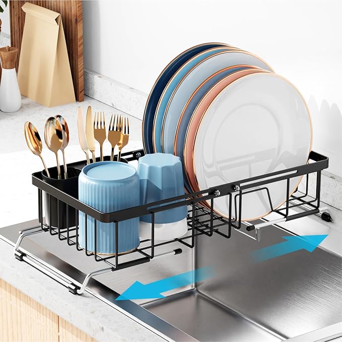 iSPECLE Small Sink Dish Drying Rack, Expandable Narrow Rust Resistant Dish Drainer for RV Apartment Kitchen, Dish Rack with Tightening Knob, Arms with Non Slip Rubber, 8.3" W x 16.6"-24" L, Black