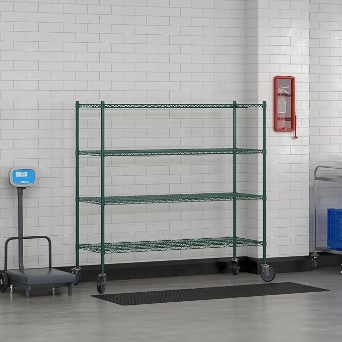 Commercial NSF Listed Green Epoxy Mobile Wire Shelving Kit 21" x 60" x 60", with 4 Shelves Perfect for Warehouse, Walk-in Refrigerator, Freezer, Grocery Store, Restaurant, Dishroom
