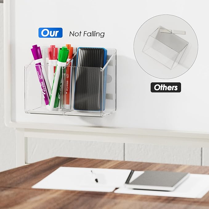 MaxGear Magnetic Dry Erase Marker Holder, 2 Compartments Clear Acrylic Pen & Marker Organizer with Strong Magnet for Whiteboard, Fridge & Locker, Holds 9-18 Markers/4 Erasers