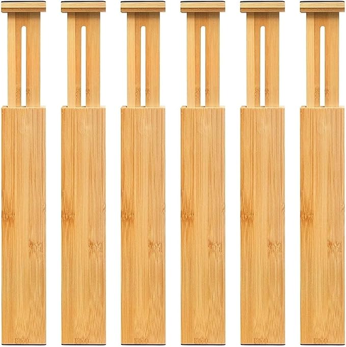 Bamboo Drawer Dividers – Adjustable length from 14 inches to 19.1 inches, spring-loaded expandable storage dividers, suitable for kitchens, bedrooms, offices, and bathrooms. Please(6 partition boards)