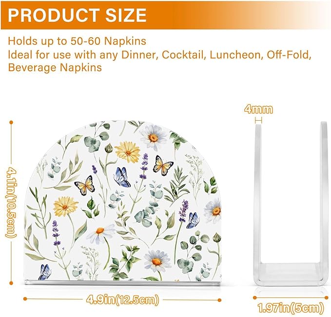Wildflowers Butterflies Napkin Holder for Table Paper Napkins Holder Acrylic Tissue Dispenser Kitchen Dining Room Bathroom Party Car Decor