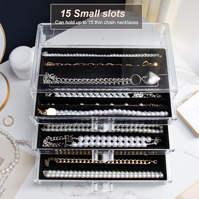 Necklace Holder Organizer, Dustproof Necklace Box Velvet Necklace Organizer Box with Lid Clear Acrylic Dustproof Stackable Jewelry Displays for Necklaces Chain Display (Black, 3 Drawer)