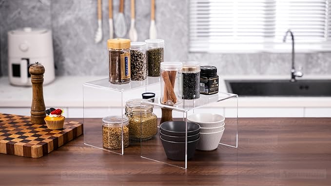 CLAY TONIC 2-Pack Large Clear 5MM Thickness Acrylic Display Risers for Kitchen Organizer and Storage,Display Food, Pantry Cabinet Shelf, Retail Display (2, 9x6x6 Inch)