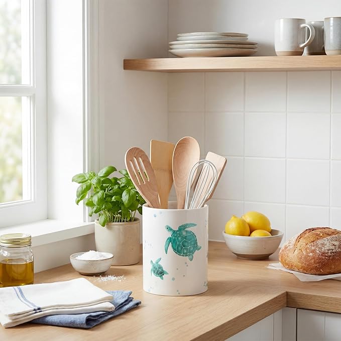 WILLBOND Sea turtle Utensil Holder Cute Acrylic Kitchen Decor Cooking Utensil Crock Storage Caddy Organizer for Spatula Cooking Tools Kitchen Countertop Spoon Holder Jar Housewarming Gift