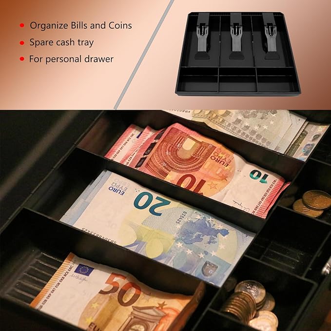 Money Tray Cash Register Drawer Insert Tray, Portable Currency Till Replacement Money Storage Box Organizer,3 Bill/3 Coin Compartments with Plastic Clip for Business Shop Supermarket Hotel