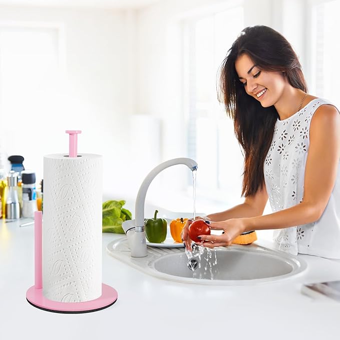 Pink Paper Towel Holder, Paper Towel Holder Countertop with Anti Slip Weighted Base, Stainless Steel Freestanding Paper Towel Holders for Kitchen