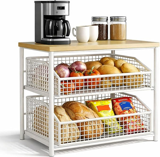 Kitchen Countertop Organizer with Drawer & Wire Basket, 3-Layer Fruit Storage Basket Snack Rack Hardwood, Desktop Pull-Out Metal Organizers for Coffee Maker Microwave Toaster & Spices (3-Layer White)