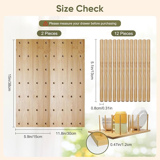 Wooden Pegboard Drawer Organizer Storage - Trimmable Peg Board Organizer for Kitchen Cabinet & RV, Adjustable Shelf with 12 Pegs, for Utensil, Plates & Dishes Rack, 15x5.9 inch, 2 Pack