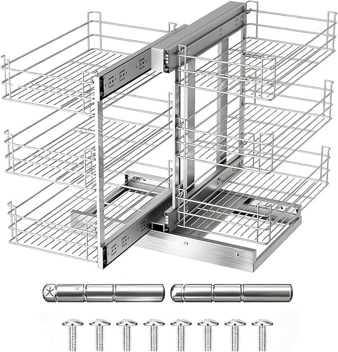 Min Opening 13" Blind Corner Cabinet Pull Out W 26" D 18.5" H24.5, 3 Tier 6 Shelf Blind Cabinets Corner Organizer, Left Open & Right Open Pull Out Cabinets Organizer Compatible Cabinet Shelf