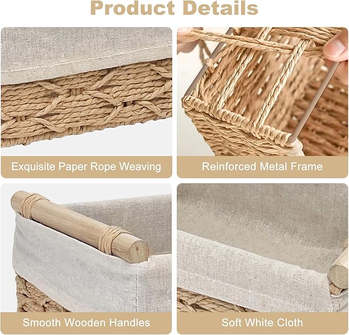 Wicker Storage Baskets with Wooden Handle, Decorative Paper Rope Organizer Bins for Home, Bathroom, or Countertop, Small Baskets Set of 2 (Beige)