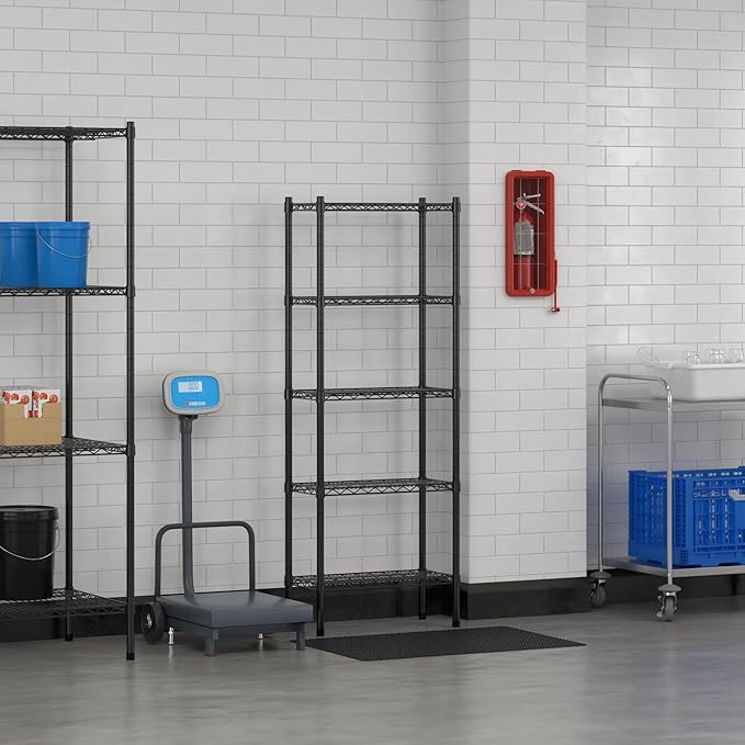 Commercial NSF Listed Black Epoxy Stationary Wire Shelving Kit 12" x 24" x 64", with 5 Shelves Perfect for Warehouse, Walk-in Refrigerator, Freezer, Grocery Store, Restaurant, Dishroom