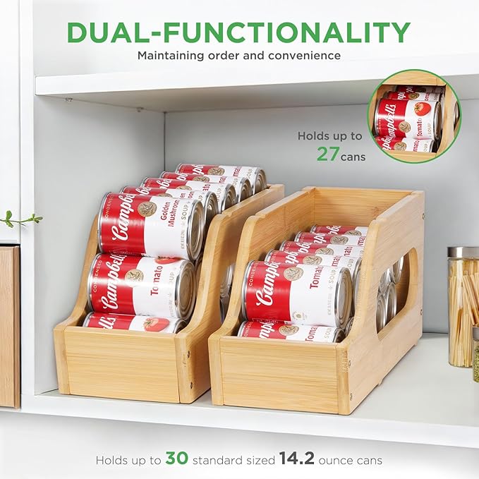 2 Pack Bamboo Can Organizer for Pantry, Soda Can Dispenser Rack Drink Holders Stackable Canned Goods Storage for Pantry Kitchen Cabinet Up To 30 Cans