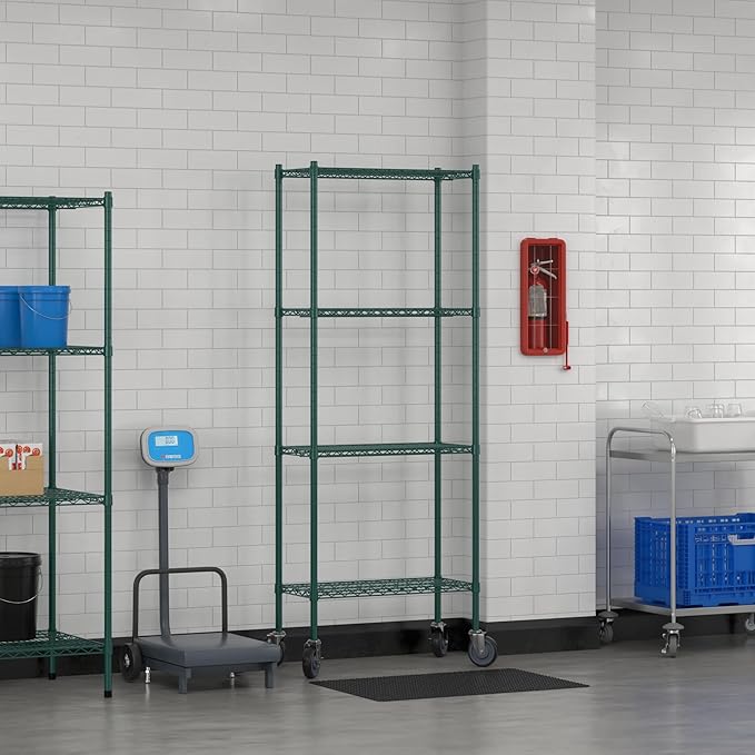 Commercial NSF Listed Green Epoxy Mobile Wire Shelving Kit 14" x 30" x 80", with 4 Shelves Perfect for Warehouse, Walk-in Refrigerator, Freezer, Grocery Store, Restaurant, Dishroom