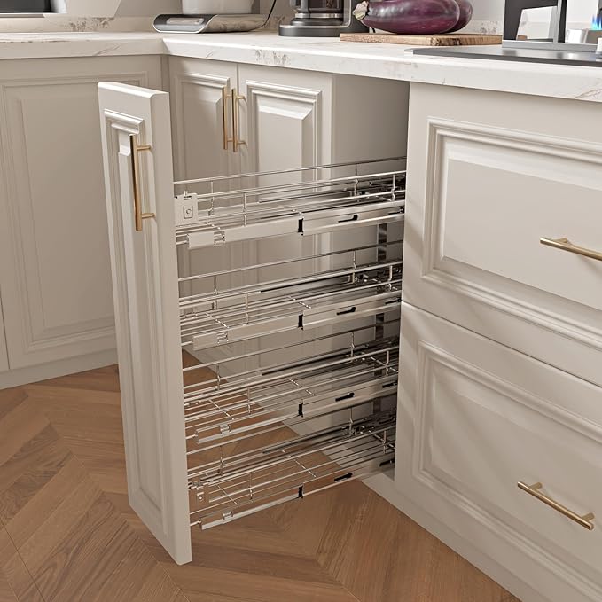 4-Tier 8" W x 21" D Narrow Pull Out Cabinet Organizer, Roll out Spice Rack Holder Shelve, Slide Out Slim Storage Wire Baskets for Storage Organization