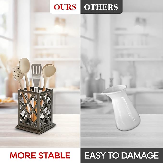 jogreful Utensil Holder, Cast Iron Kitchen Utensil Crock for Countertop, Extra Large Utensil Organizer with Weighted-Base, Housewarming Vintage Decor, Grid Pattern, Coffee Gold