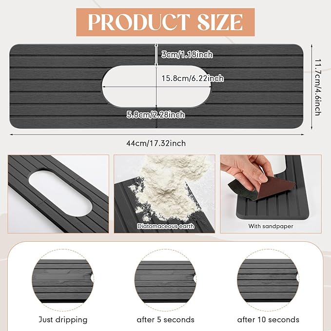 Teenyyou an Oval Hole Gray Faucet Mat for Kitchen Sink 17.32" x 4.6" Kitchen Faucet Absorbent Mat Diatomite Splash Guard for Sink Quick Drying Stone Drip Catcher for Bathroom Counter