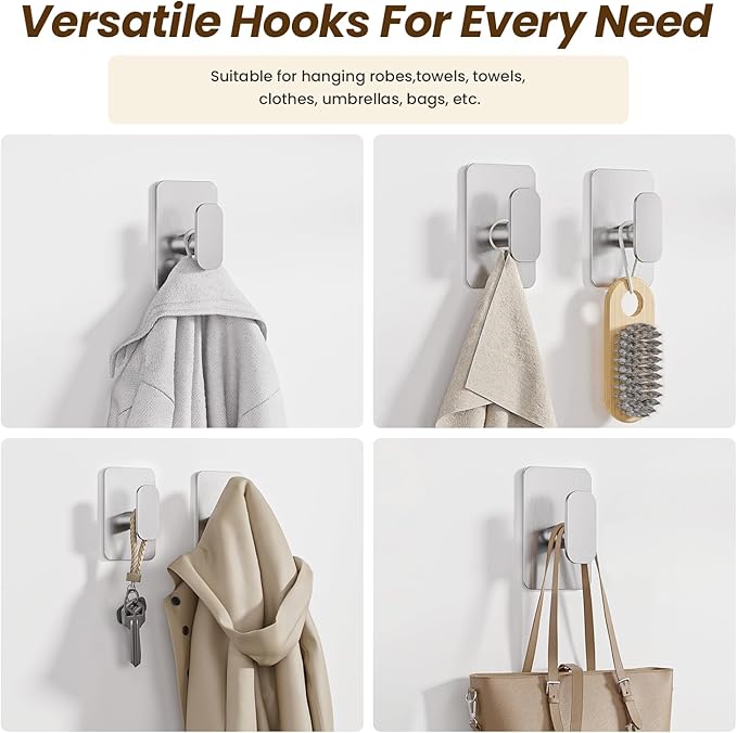 Eowihor Heavy Duty Self Adhesive Hooks - 26lb Max, Sticky Wall Hooks Stainless Steel for Hanging Towel, Coat, Robe, Waterproof & Rustproof Hooks Stick on Bathroom, Shower, Kitchen(Silver, 4 Pack)