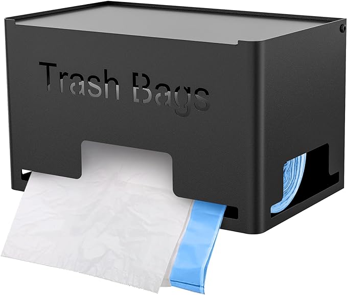 Large Trash Bag Holder Dispenser, Metal Garbage Bag Dispenser Roll Holder, Kitchen Trash Storage Organizer for Under Sink, Wall Mounted or Freestanding, Black