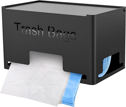 Large Trash Bag Holder Dispenser, Metal Garbage Bag Dispenser Roll Holder, Kitchen Trash Storage Organizer for Under Sink, Wall Mounted or Freestanding, Black
