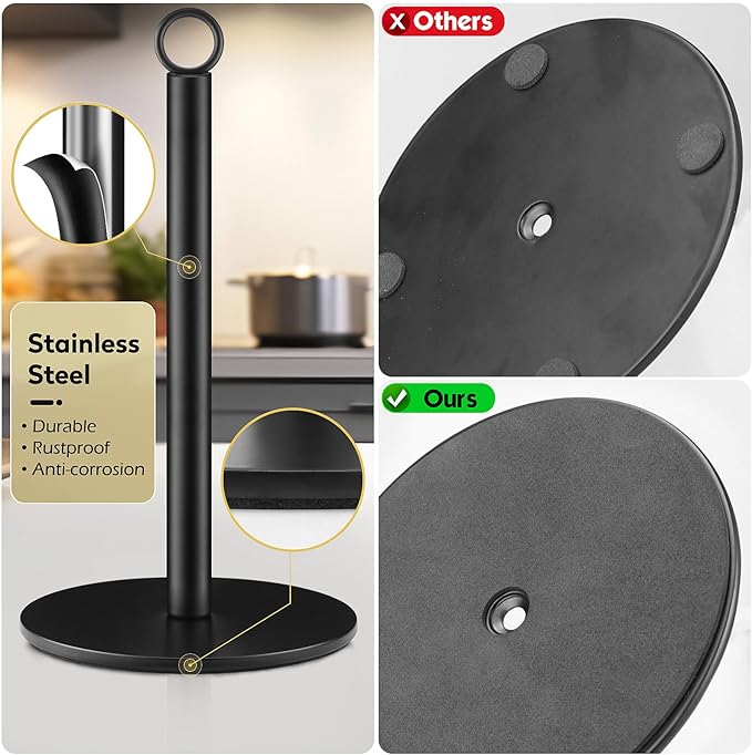 Paper Towel Holder Countertop, Black Paper Towel Holders, Stainless Steel Countertop Paper Towels Holders, Kitchen PaperRoll Holder, Non-Slip Standing Paper Towel Holders