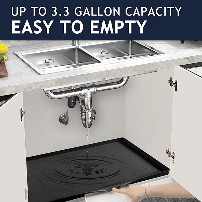 Vangostella Heavy Duty Silicone Under Sink Mats for Kitchen Waterproof 37" x 22", Extra Thick Under Sink Rubber Mat Drip Tray, Raised Edge Under Sink Liner,Prevent Drips, Leaks, Spills,Black