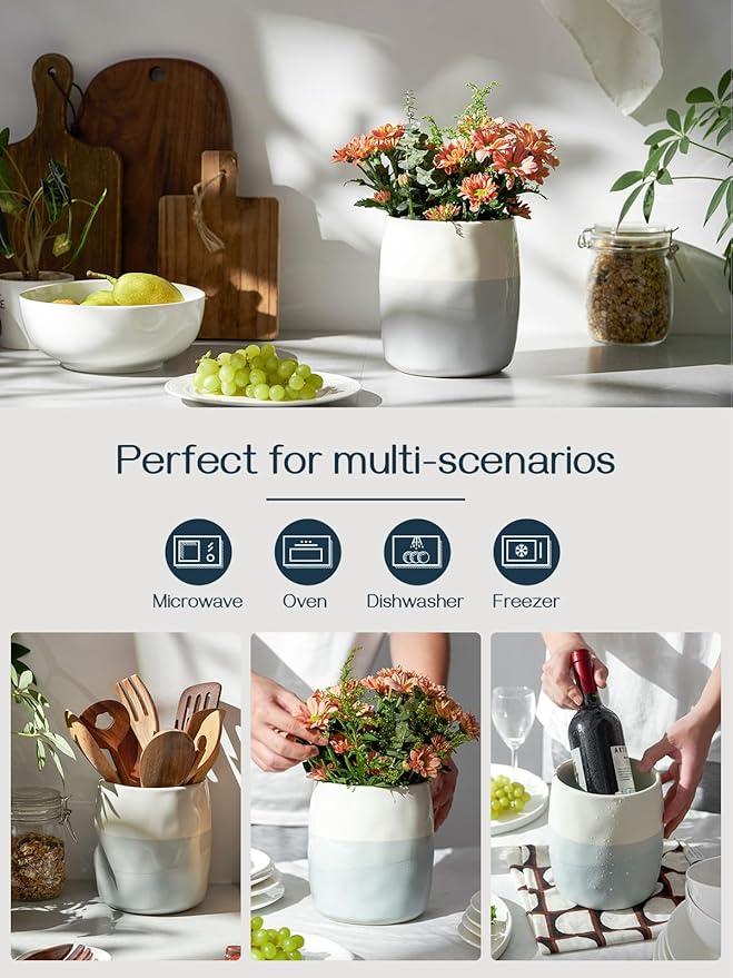 DOWAN Utensil Holder, 6.5″ Large Utensil Holder for Kitchen Counter, Ceramic Utensil Crock with Table-Protection Mat, Spatula Holder, Utensil Organizer Caddy for Spoons Home Decor, Fathers Day Gifts