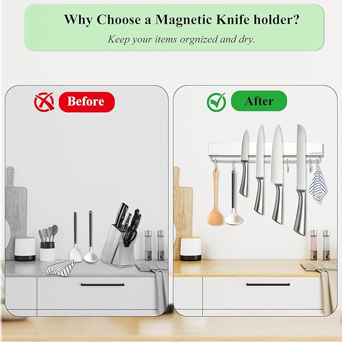 Magnetic Knife Holder for wall, 12 Inch Knife Magnetic Strip with 5 Hooks, Stainless Steel Knife Holder Magnet Rack for Kitchen Organizer, Mount with Adhesive or Screws