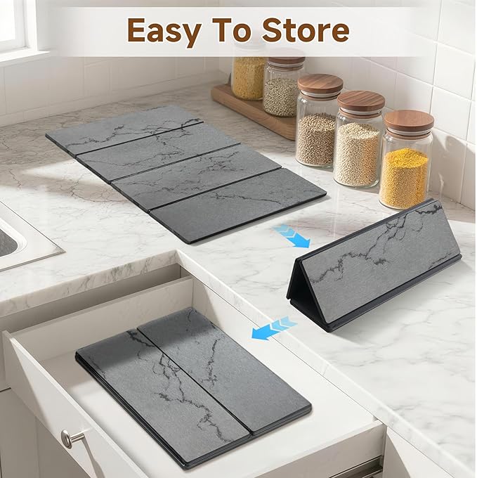 Large Stone Dish Drying Mat for Kitchen Counter,24"(L)×16"(W),Quick Dry Super Absorbent Drying Matt Kitchen Counter,Collapsible Diatomaceous Earth Dish Mats,for Dishes Bottles Cups,Any Countertop