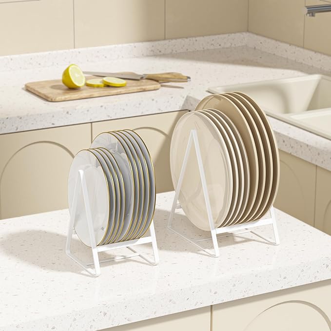 2 Pack Triangle Plate Holders Organizers Large Upright Cabinet Dish Drying Racks Metal Plate Dish Organizers Racks Stands for Countertop and Cupboard White