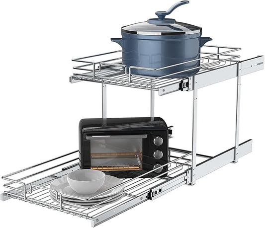 2 Tier Pull Out Cabinet Organizer, 14" W x 21" D Heavy-Duty Metal Sliding Drawer Shelf for Kitchen Cabinets, Chrome, Doesn't Include Door Fittings