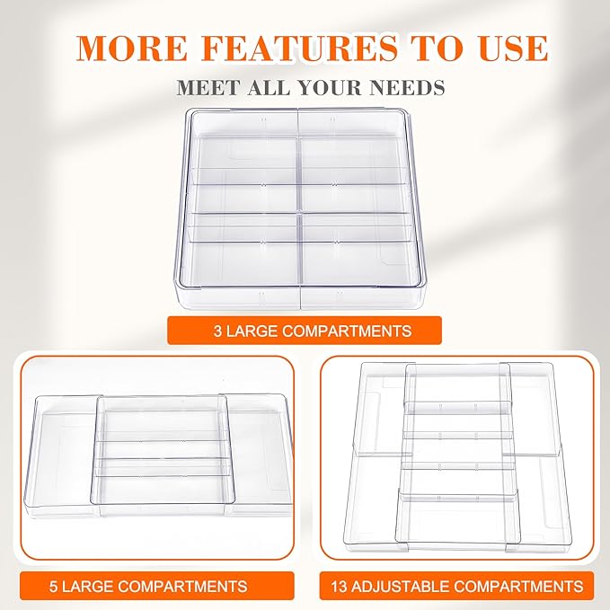 2 Pcs Expandable Acrylic Drawer Organizers 9 Square Grid Adjustable Clear Drawer Dividers Organizer for Desk, Makeup, Jewelry, Office, Kitchen Supplies (Large)