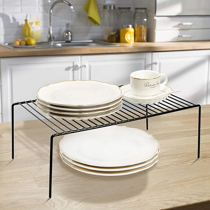 Kitchen Cabinet Shelf Organizer Set of 4, Medium (13 x 9.4 inch) Metal Wire Pantry Storage Shelves, Dish Plate Racks for Cabinets, Freezer, Counter, Cupboard Organizers and Storage, Black