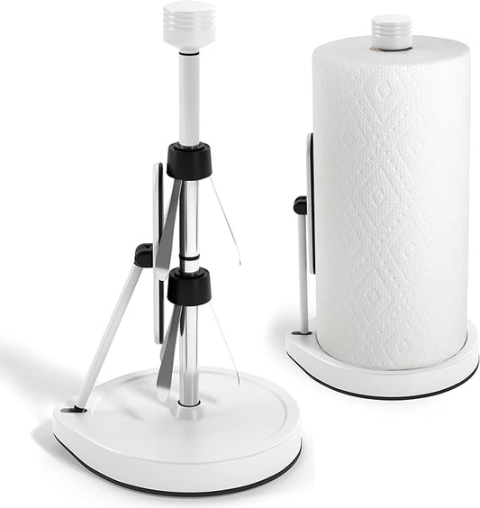Stainless Steel Tension Arm Paper Towel Holder - Easy One-Handed Operation - This Sturdy Weighted Paper Towel Dispenser Countertop Model Has Suction Cups and Holds All Paper Towel Rolls (White)