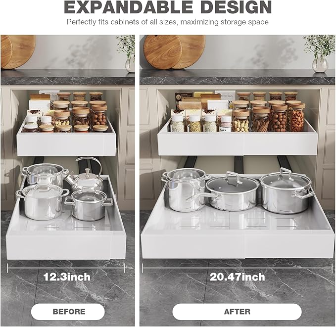 2 Pack Pull Out Cabinet Organizer 22" Deep,Full Extension 3 Slide Rails Slide Out Drawers With Raising Pad for Framed Cabinets,Expandable Width (12.3"-20.5"),No Drill Roll Out shelf,White