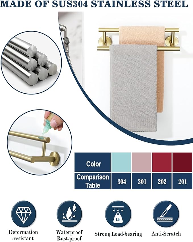 Alise Double Bath Towel Bars,12 Inch Towel Racks for Bathroom Wall Mounted,SUS304 Stainless Steel Towel Holder,Space-Saving Towel Hanger,Modern Decor Towel Rod,Brushed Gold Towel Rail,GYT6902-300-G