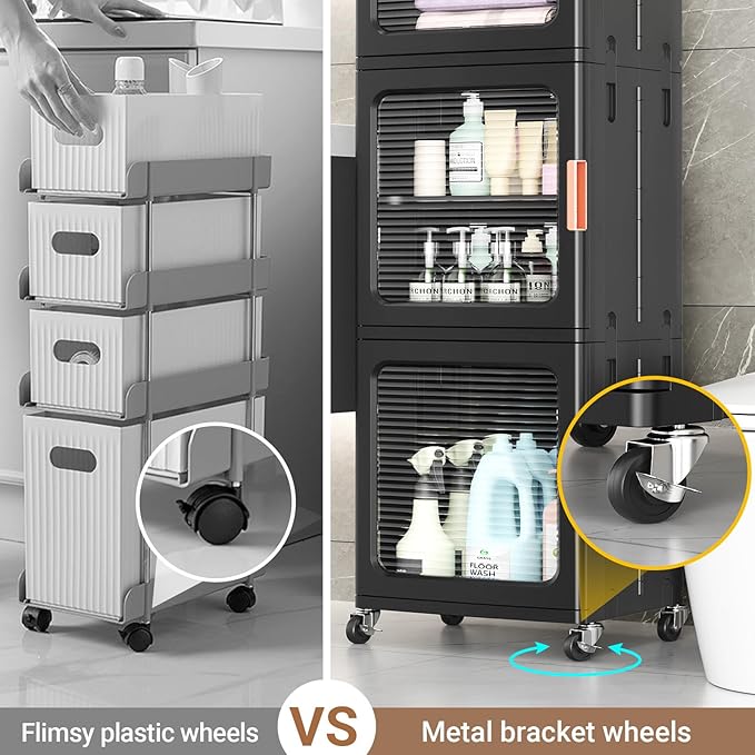 BROVIEW 3-Tier Tall Narrow Storage Cabinet 14.6” Wide, Slim Bathroom Cabinets with Adjustable Shelves and Doors, Plastic Kitchen Pantry Organizers and Storages for Small Space, Laundry, Black