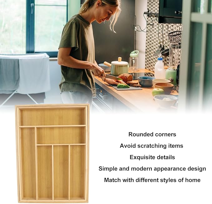 Kitchen Silverware Organizer Expandable for Cutlery and Utensils, Adjustable Wood Utensil Storage Cutlery Tray for Drawers, Kitchen Drawer Organizer Utensil Holder Makeup Organizer with(8 Slots)
