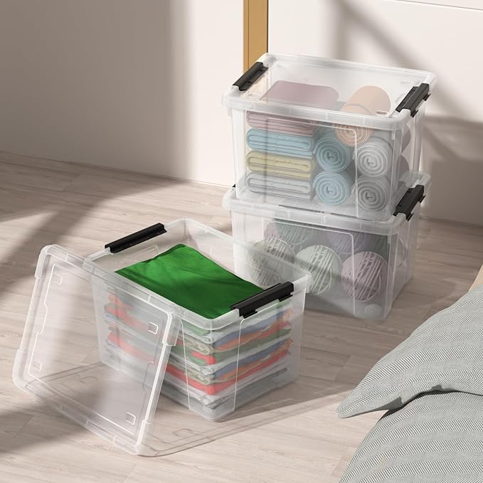 Parlynies 4 Pack 23 L Plastic Latching Storage Box with Wheels, Stackable Container Bin for Holiday Decorations and Accessories, Clear