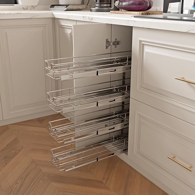4-Tier 5" W x 21" D Narrow Pull Out Cabinet Organizer, Roll out Spice Rack Holder Shelve, Slide Out Slim Storage Wire Baskets for Storage Organization
