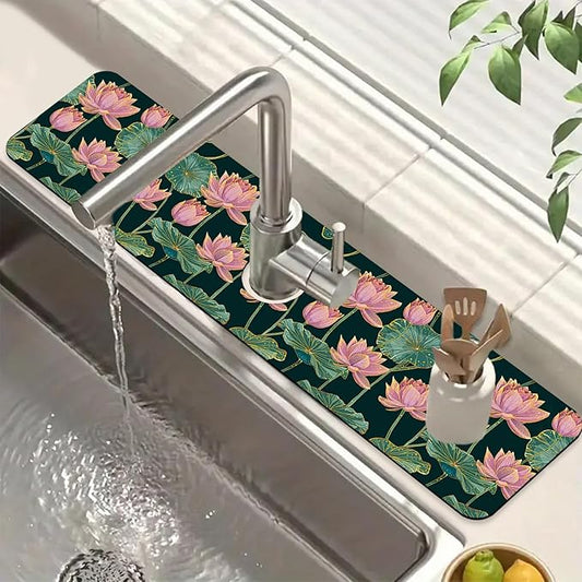 Lotus Pond Pattern Kitchen Sink Splash Guard Faucet Mat Lotus Flowers Leaves Super Absorbent Fast Drying Mat Sink Splash Guard Behind Faucet for Kitchen Bathroom, 23.5"x5.5"