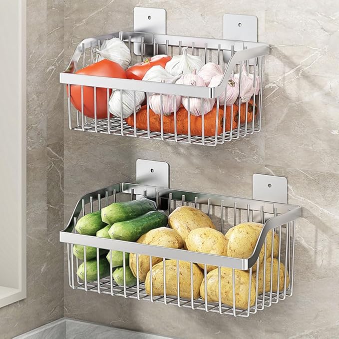 Hanging Kitchen Baskets, Storage Spice Shelf, Wall Mount Storage Baskets, SUS304 Stainless Steel Basket for Kitchen, Bathroom, Storage, 4 Pack, L 11.8Inch, D 6.3Inch, H 4.75Inch