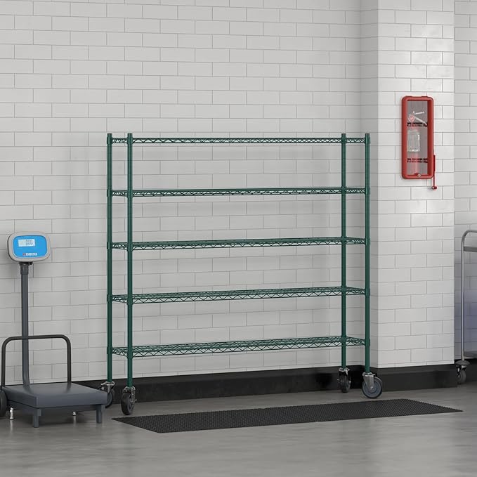 Commercial NSF Listed Green Epoxy Mobile Wire Shelving Kit 12" x 60" x 60", with 5 Shelves Perfect for Warehouse, Walk-in Refrigerator, Freezer, Grocery Store, Restaurant, Dishroom